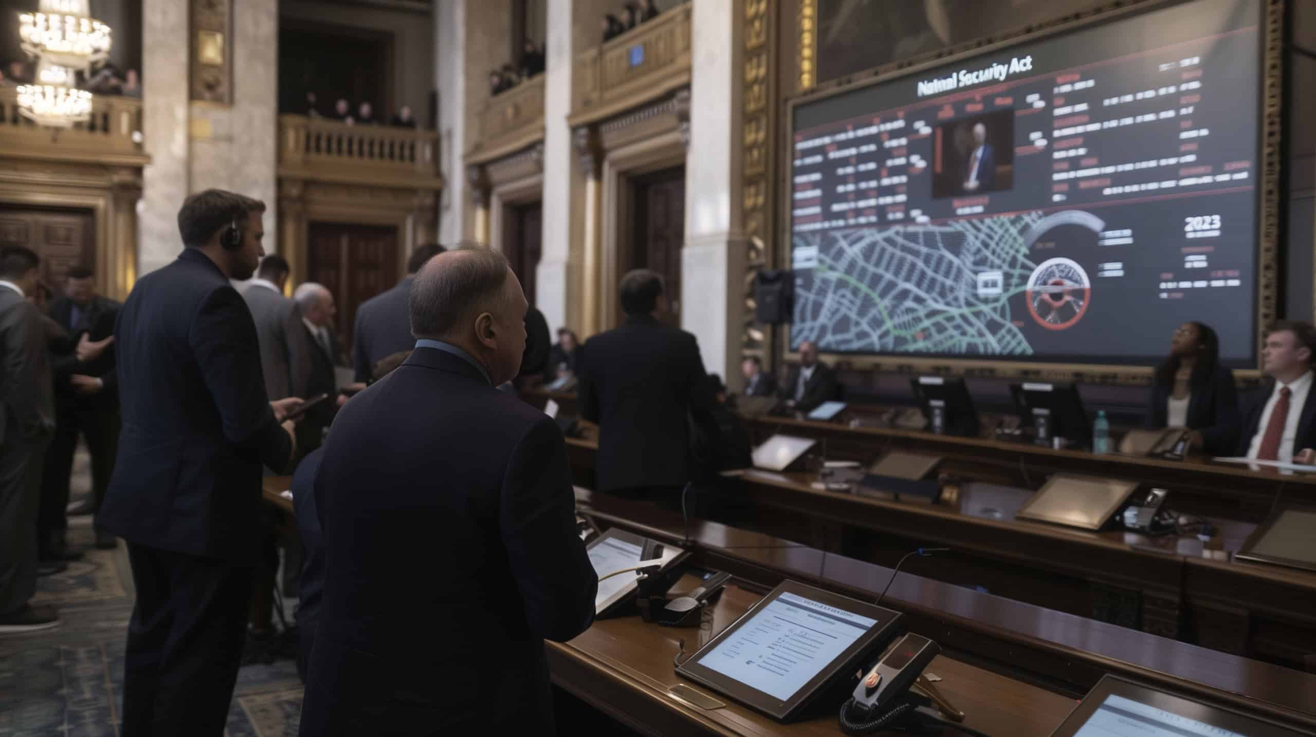 The photograph captures a sleek, modern conference room bathed in natural light, with polished wooden tables and plush, high-backed chairs. In the center, a large digital screen displays a vibrant infographic with intricate symbols and icons representing cybersecurity, defense strategies, and intelligence collaboration. A diverse group of serious-looking officials, dressed in sharp suits, are engaged in intense discussion, their expressions focused and determined, emphasizing the significance and urgency of the National Security Act 2023