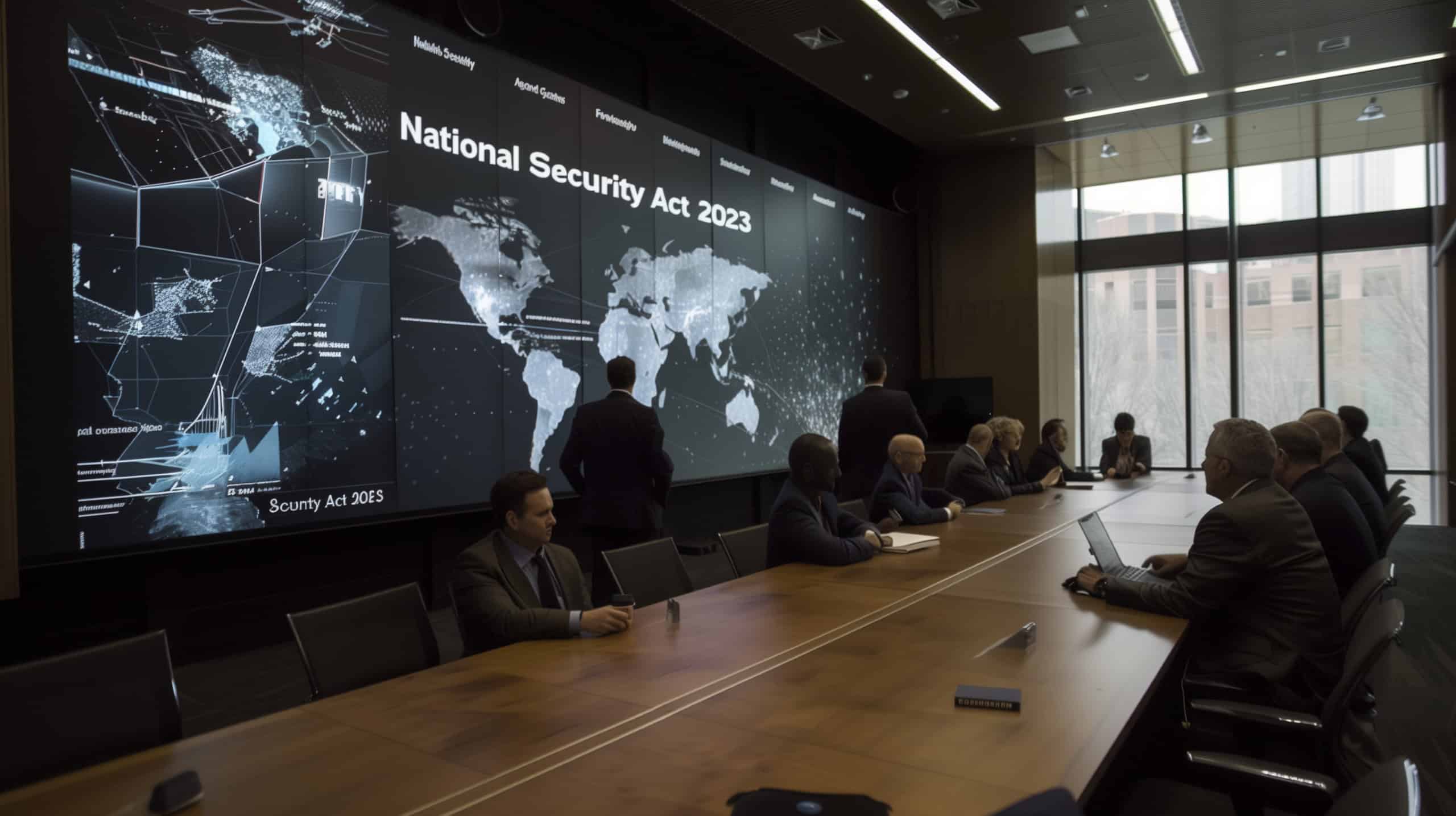 Security professionals in conference room discussing "what does the National Security Act 2023 do?". A large digital screen displays a complex network of security protocols, with intricate diagrams and bold graphics.